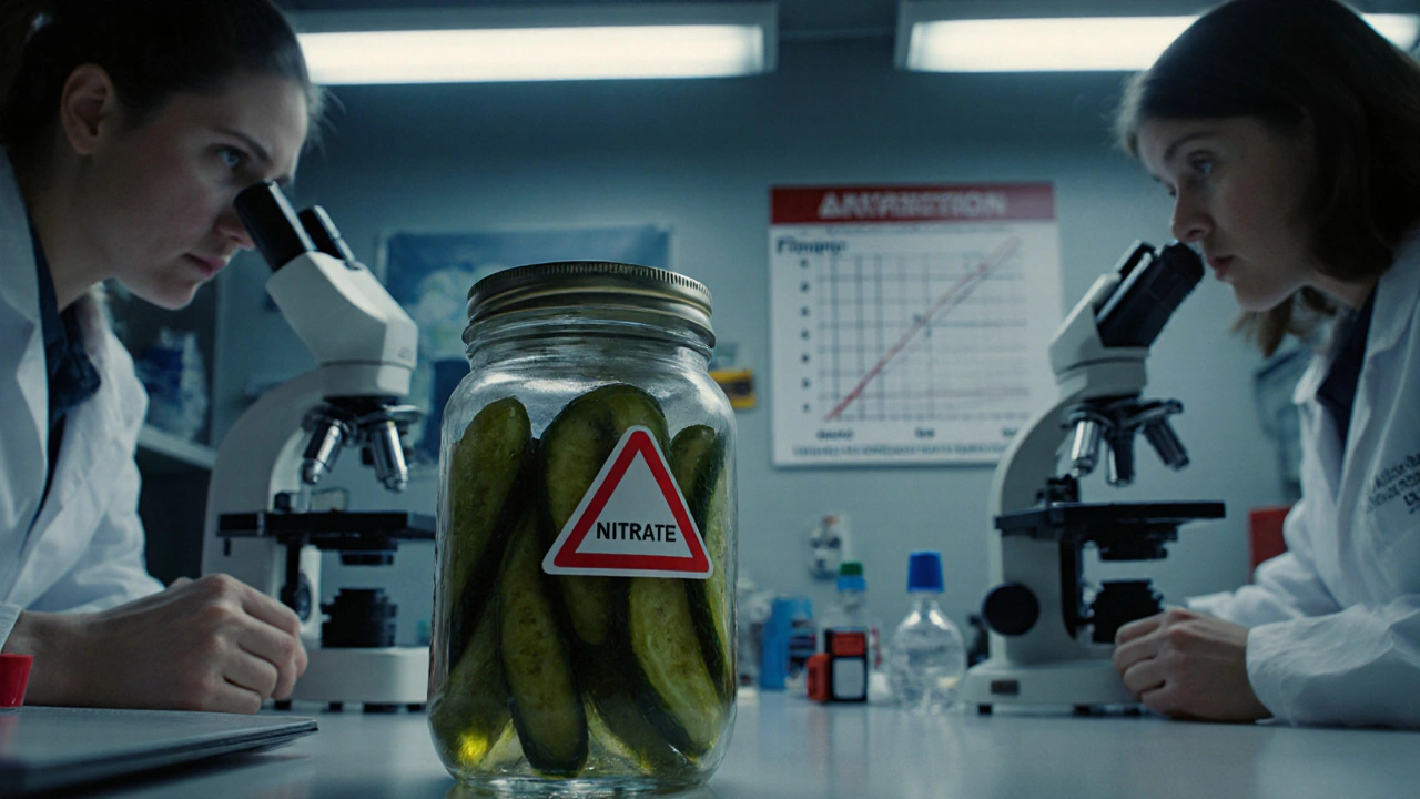 Лаборатория: учёные исследуют банки с солёными огурцами под микроскопом, на стене — график превышения нитратов.