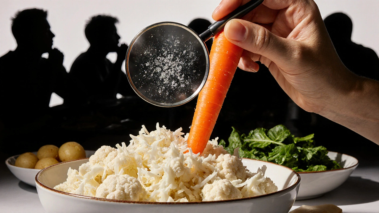 Рука держит морковь рядом с тертой цветной капустой, над морковью — лупа, показывающая кристаллы сахара