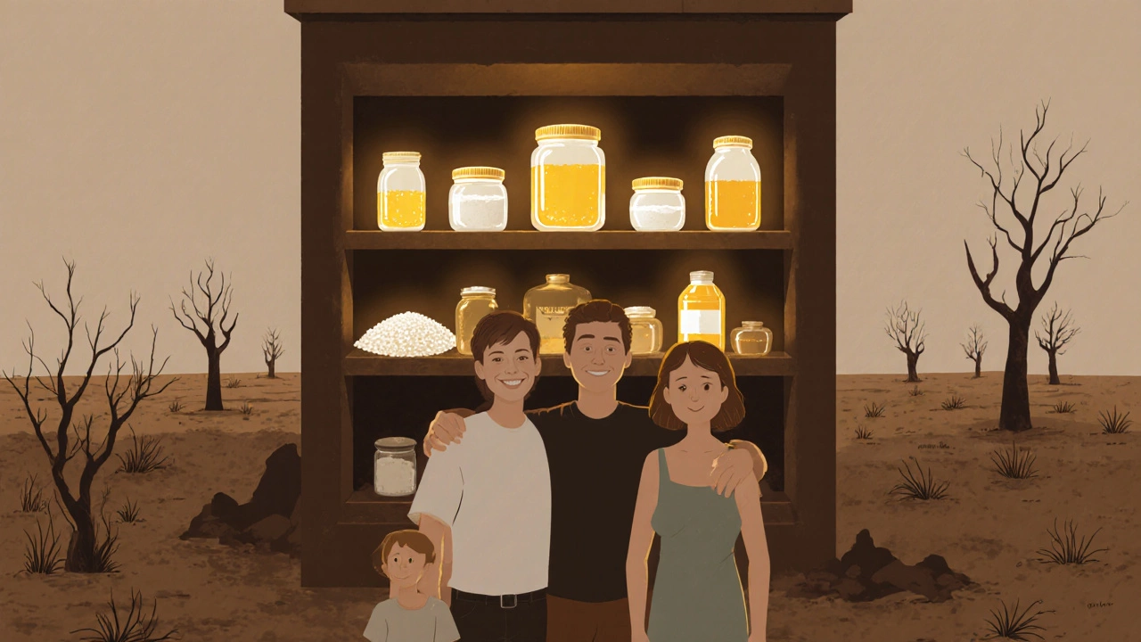 Семья в пустынном мире, позади них светящаяся кладовая с вечными продуктами.