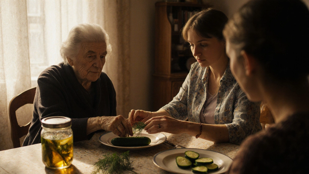 Семейный ужин: пожилая женщина кладёт огурец, молодая снимает его, вместо него — свежий огурец с лимоном и укропом.