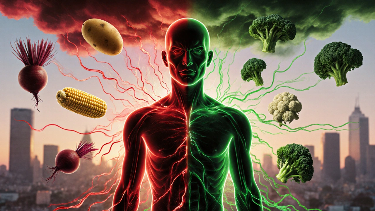 Силуэт человека с красными волнами от картофеля и кукурузы и зелеными потоками от брокколи и шпината