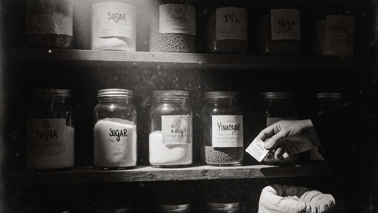 Темный подвал с банками соли, сахара, риса и уксуса в деревянных шкафах.