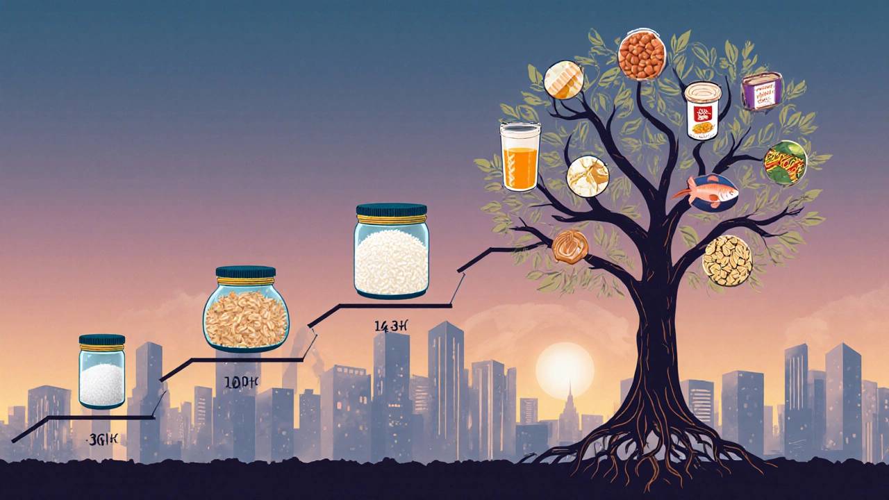 Дерево с корнями из контейнеров для выживания и ветвями с символами продуктов, символизирующее постепенное накопление запасов.