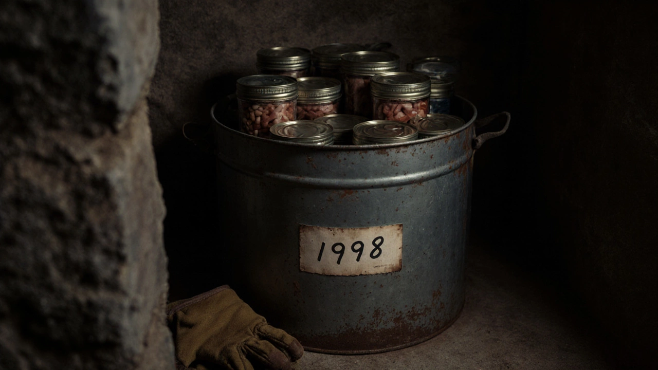 Металлическая банка с консервами в тёмном погребе, без ржавчины и вздутий.