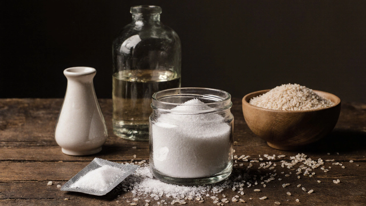 Натуральные продукты с бесконечным сроком хранения: соль, сахар, спирт и рис на деревянном столе.