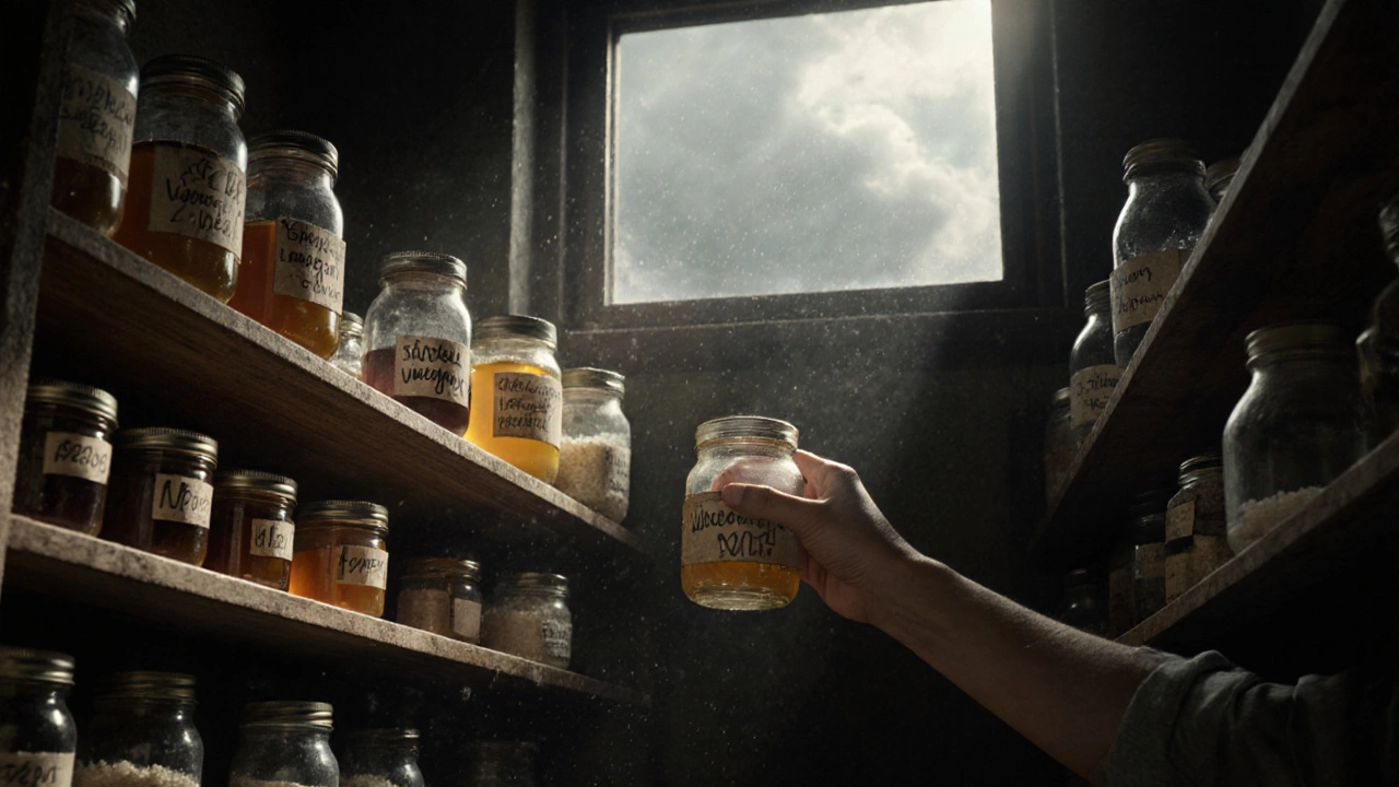 Панtry выживания с банками мёда, уксуса и риса, освещённый солнечным светом в тихой комнате.