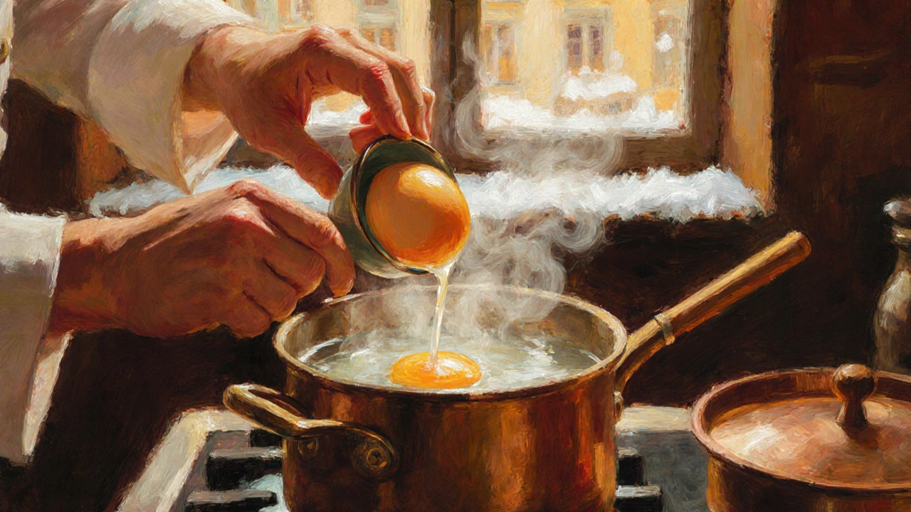 Повар осторожно опускает яйцо в тёплую воду с уксусом для приготовления пашот