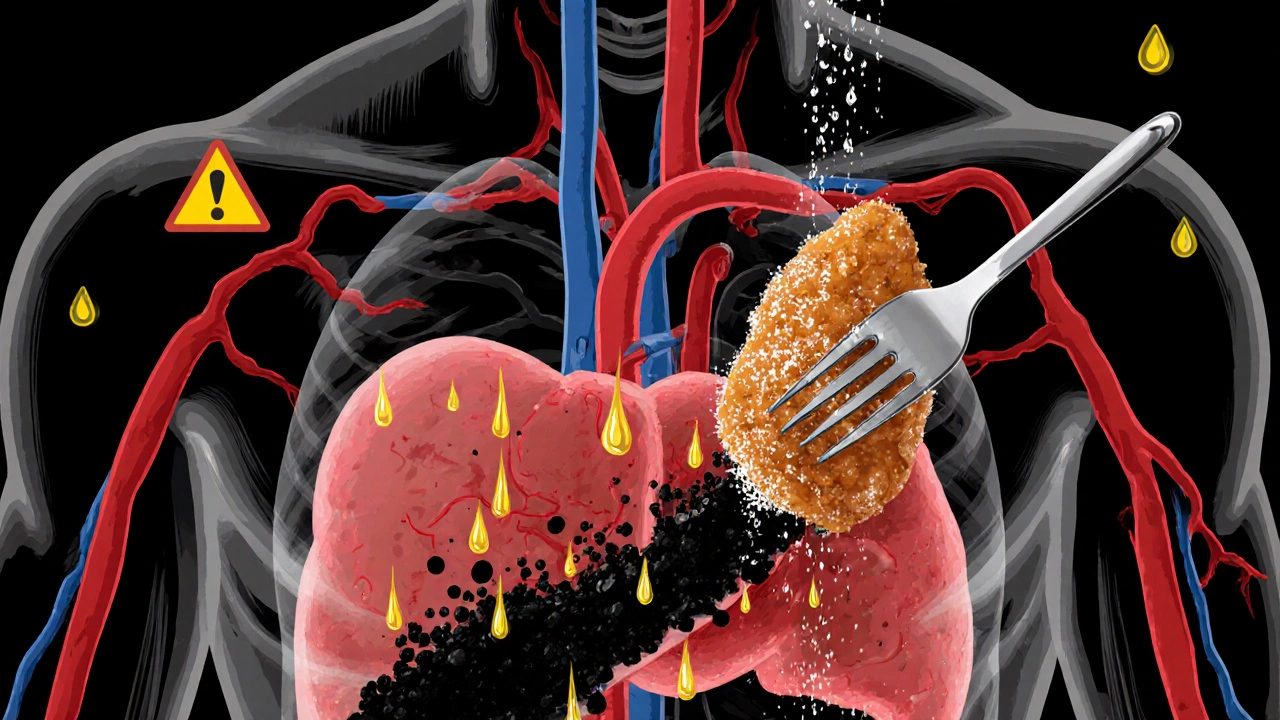 Прозрачное тело с сердцем и печенью, забитыми жиром и сахаром, рядом — жареная курица.