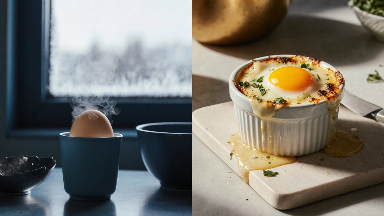 Разделённая сцена: яйцо в микроволновке и запечённое яйцо с сыром на противне