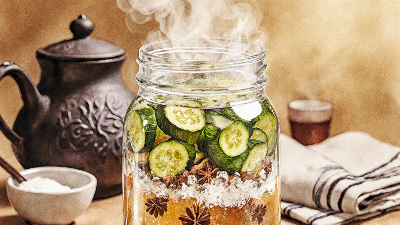 Разрез банки с слоями овощей, специй и рассола, пар поднимается от горячей жидкости.