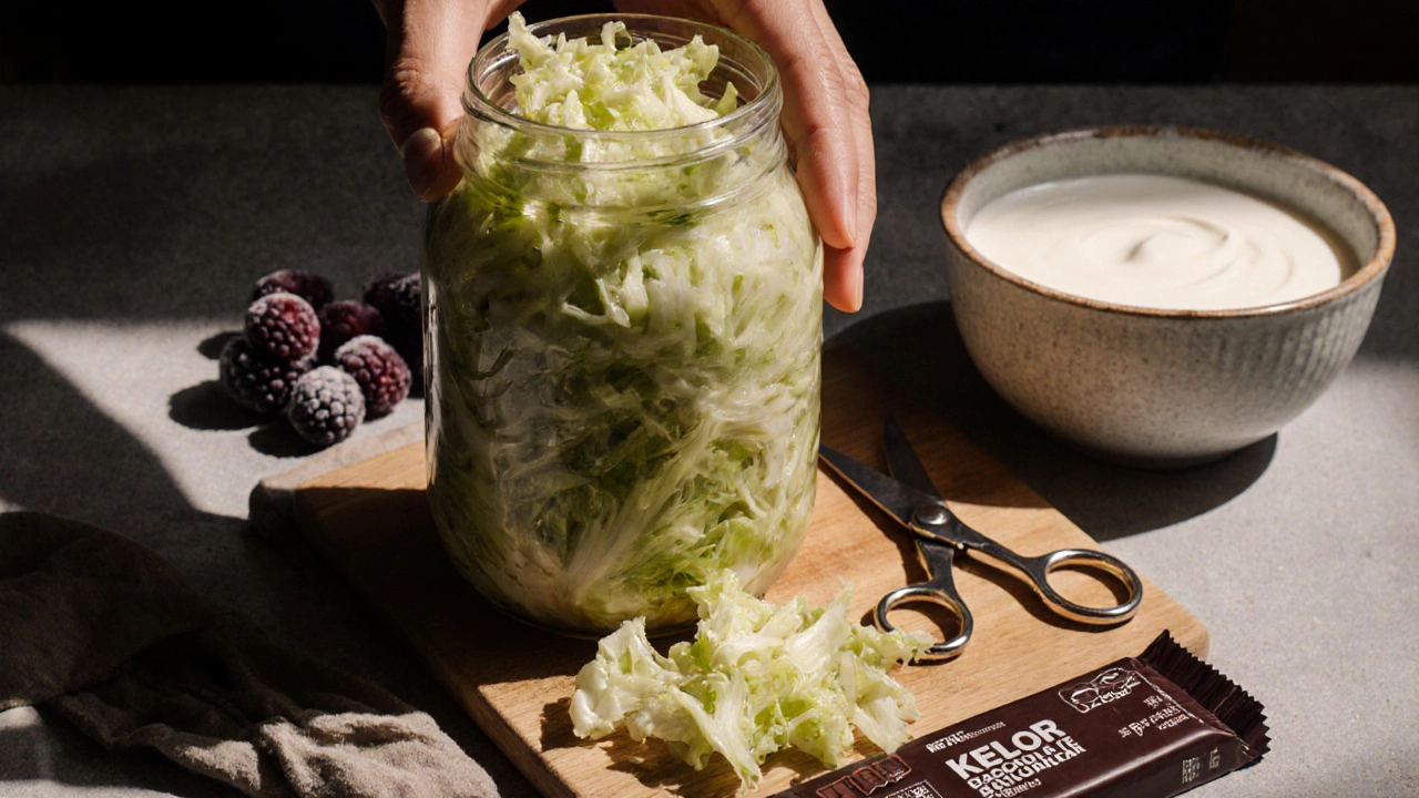 Рука берет квашеную капусту из банки рядом с кефиром и замороженными ягодами