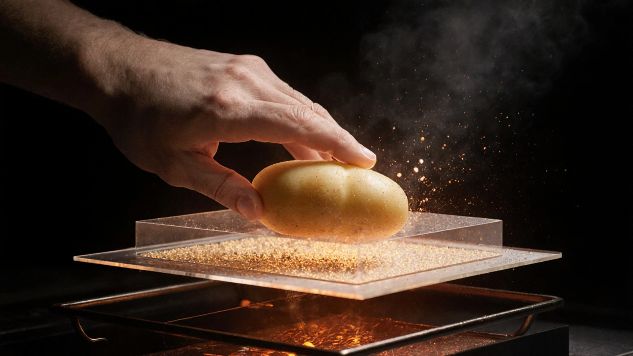 Рука кладёт картошку в духовку, вокруг — видимые изменения внутри продукта.