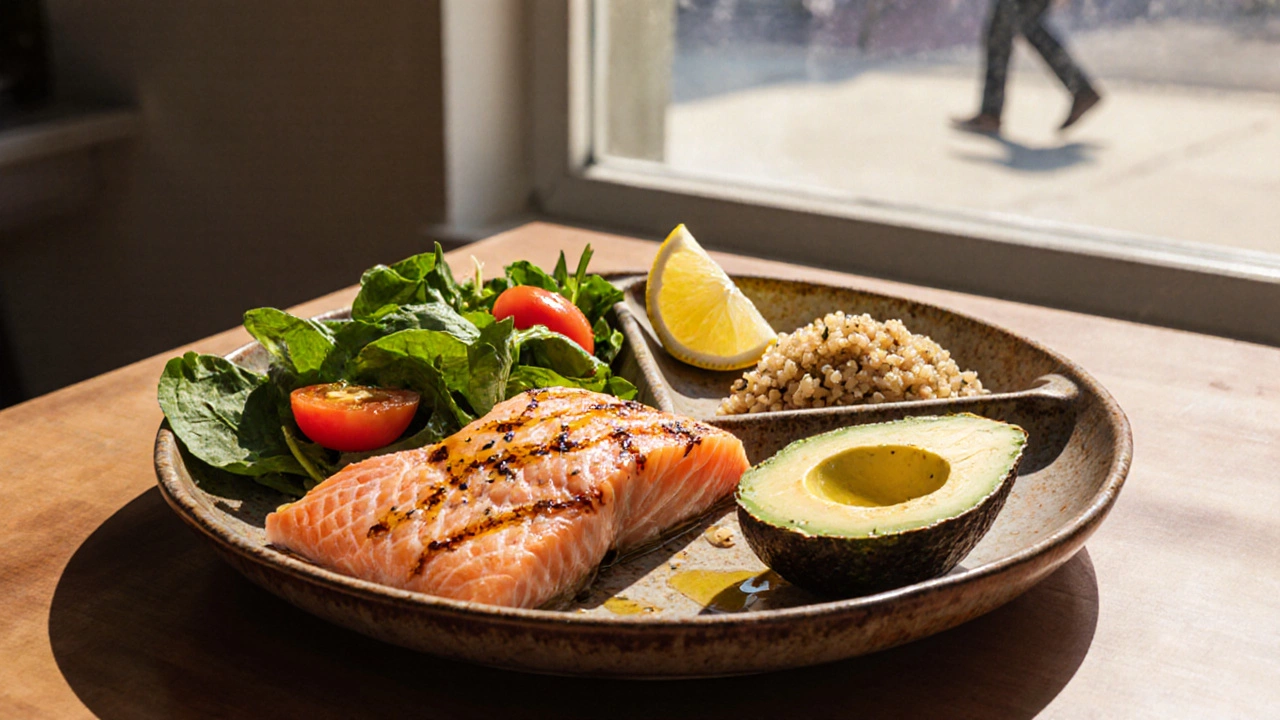 Сбалансированный обед: салат из шпината, лосось, авокадо и киноа на керамической тарелке.