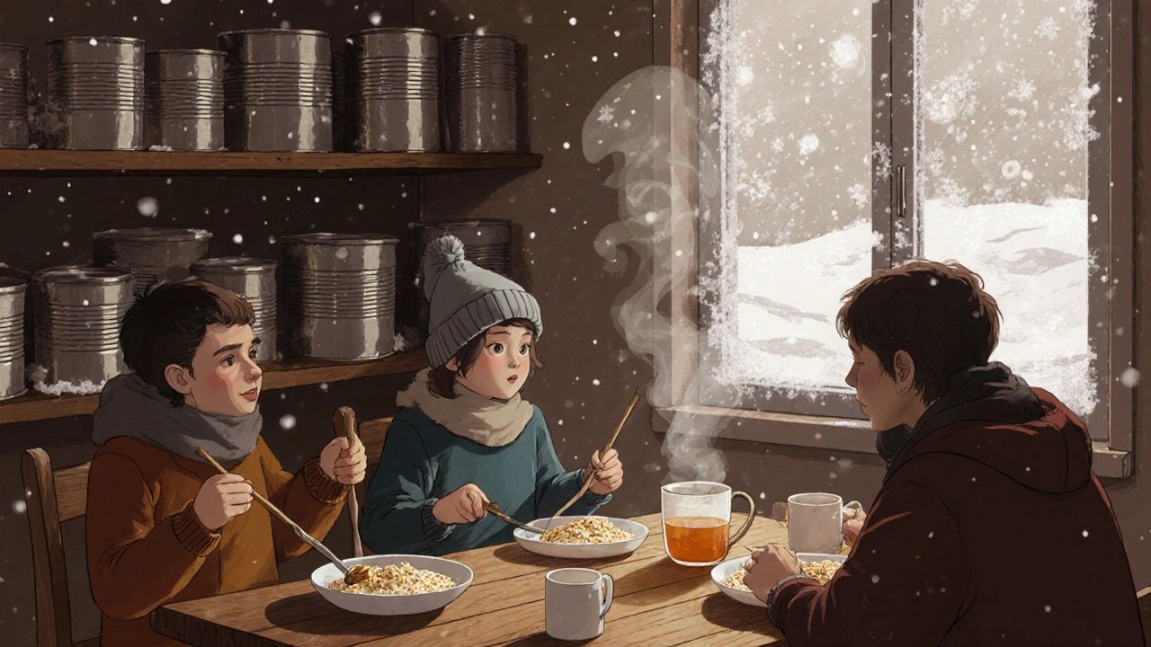 Семья ест кашу с мёдом и чаем с сухим молоком, за окном — снежная буря.
