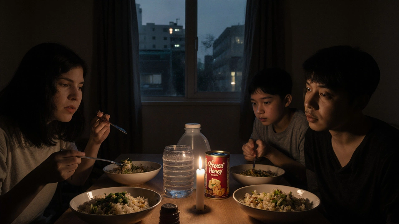 Семья ест простую еду при отключении электричества: рис и консервы при свете свечи, рядом вода и сухари.