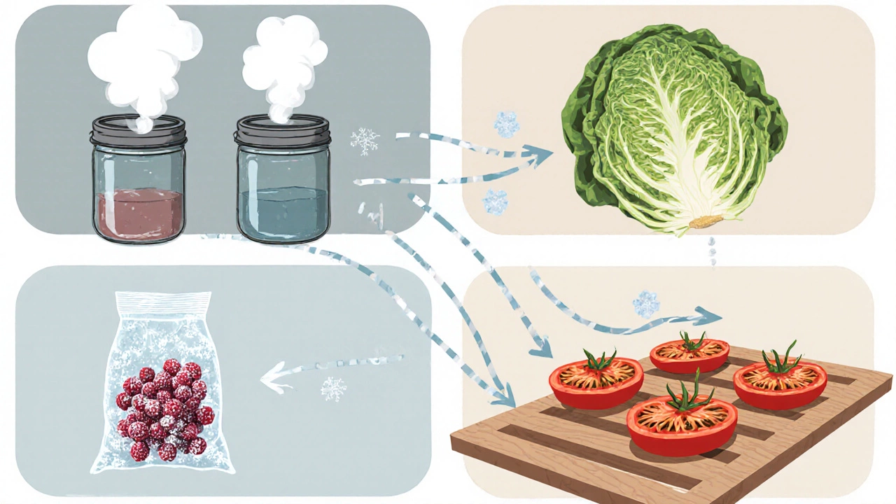Схематичное изображение четырёх методов консервирования: стерилизация, ферментация, заморозка и сушка