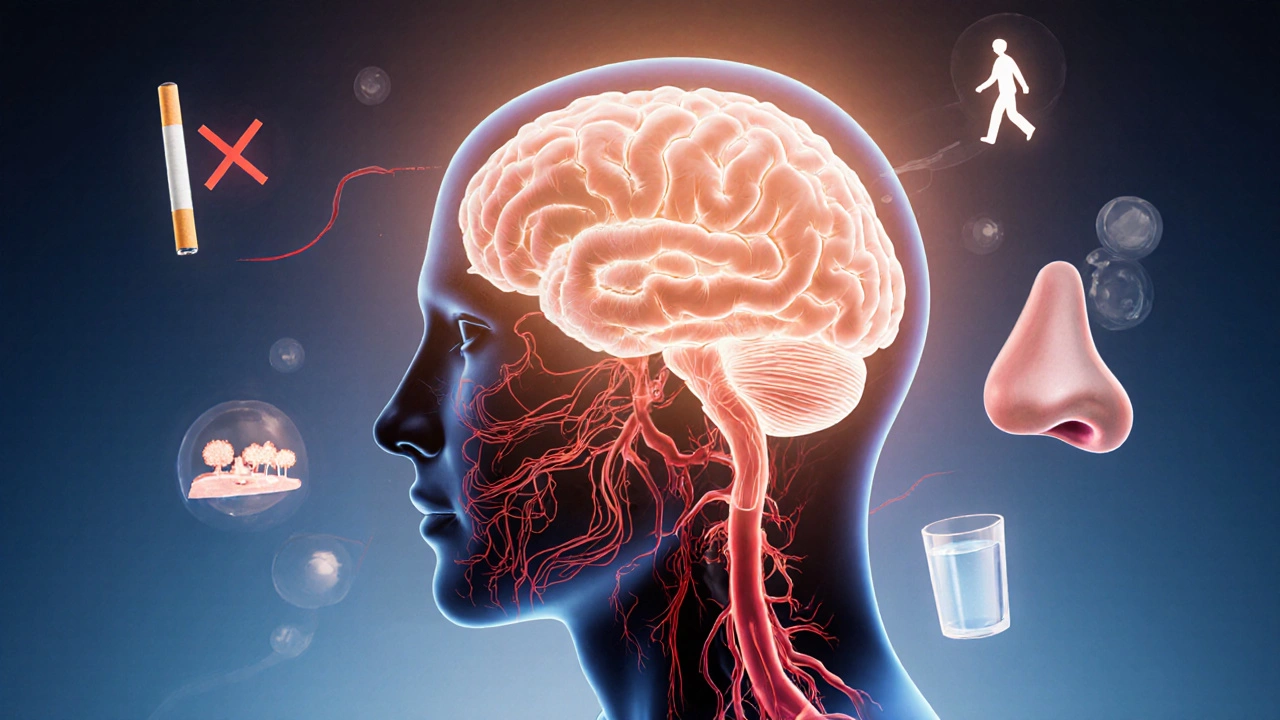 Светящийся мозг с потоками кислорода, вокруг — символы вредных и полезных привычек