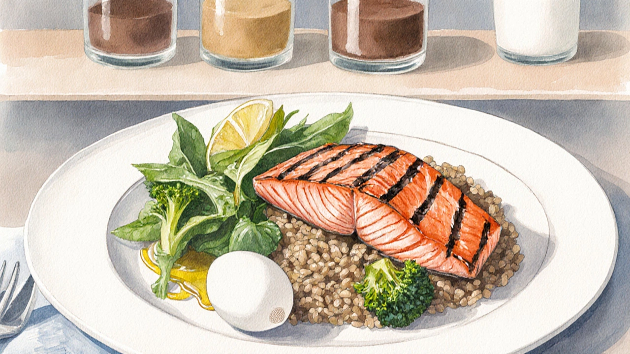 Тарелка с лососем, брокколи и рисом с яйцом и зеленым салатом