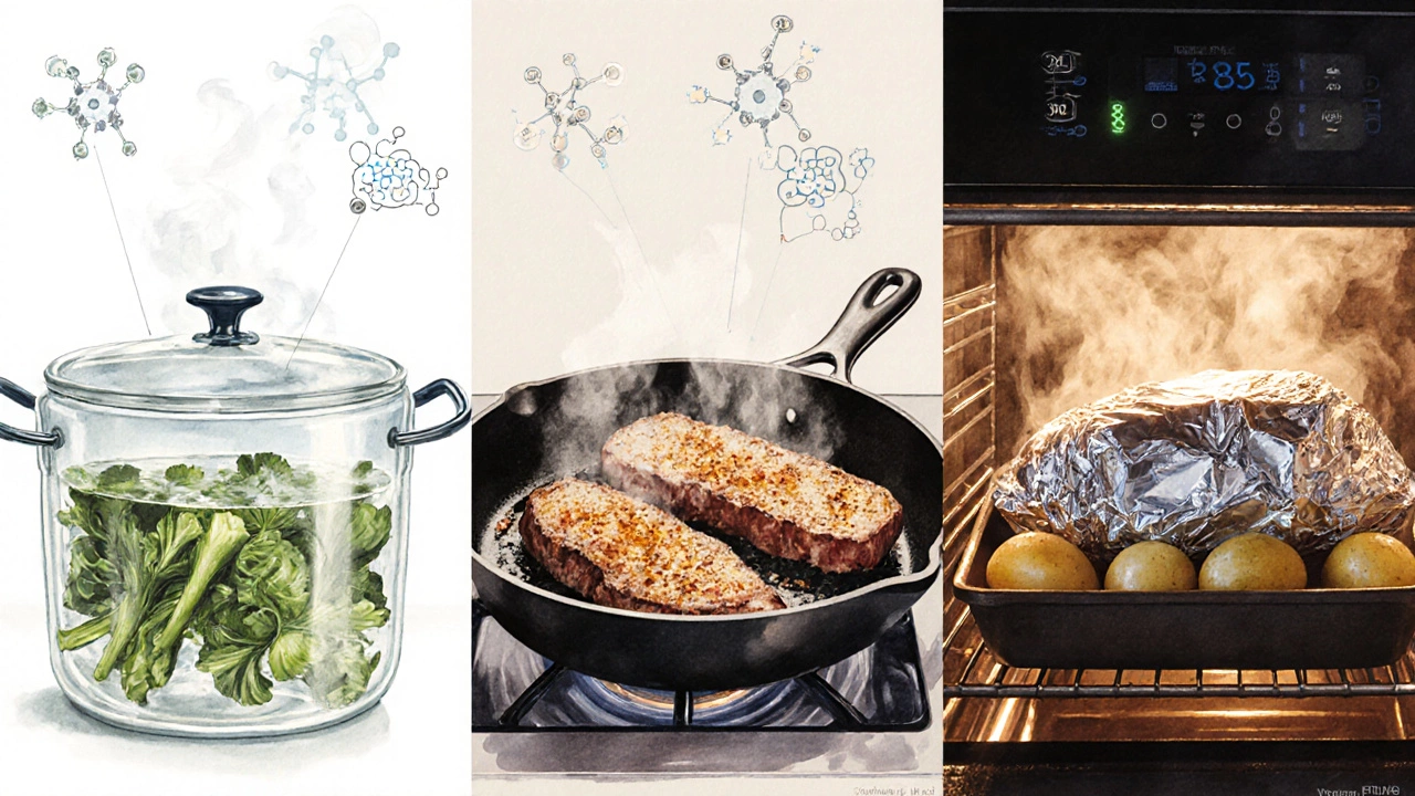 Три метода приготовления: варка, жарка и запекание, изображённые в мягких тонах.
