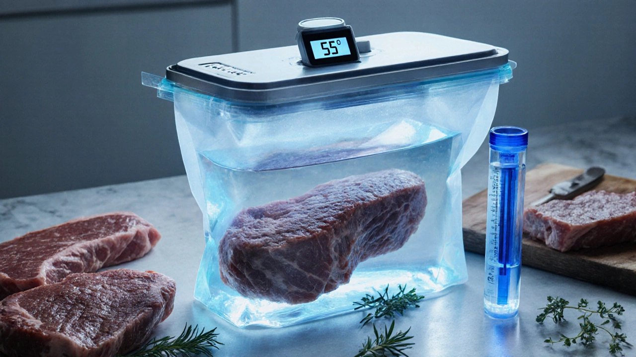 Вакуумный пакет с стейком в водяной бане с термометром.