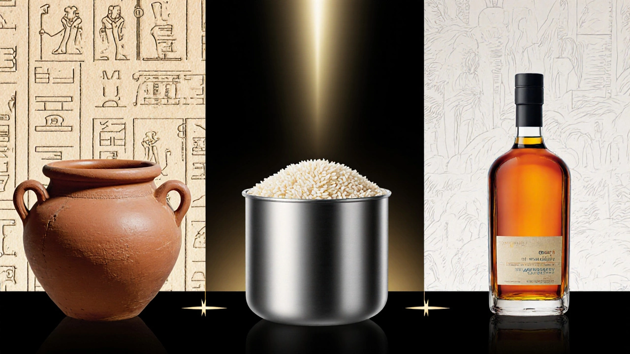 Визуальная хронология вечных продуктов: мед, рис и виски, соединённые светом.