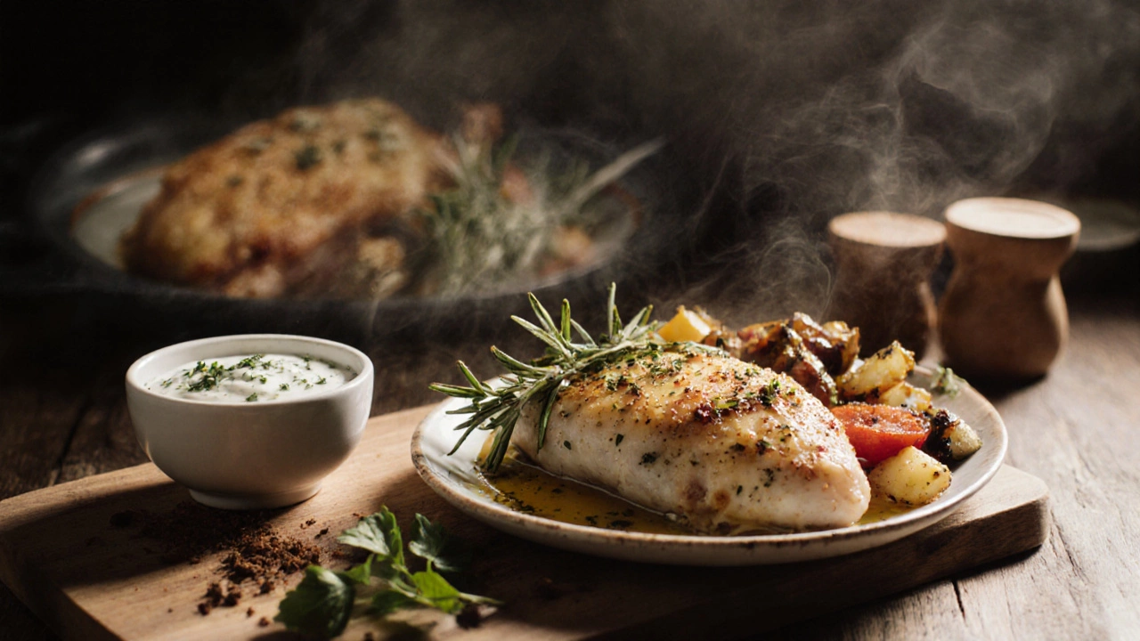 Запеченная курица с травами и овощами на деревянной доске, натуральная еда вместо фастфуда.