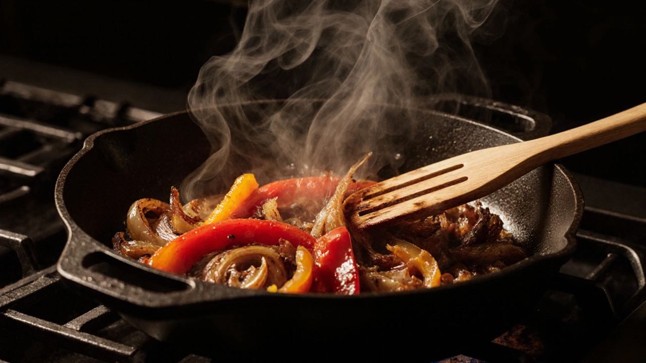 Жареные овощи в сковороде с золотистой корочкой и дымом.