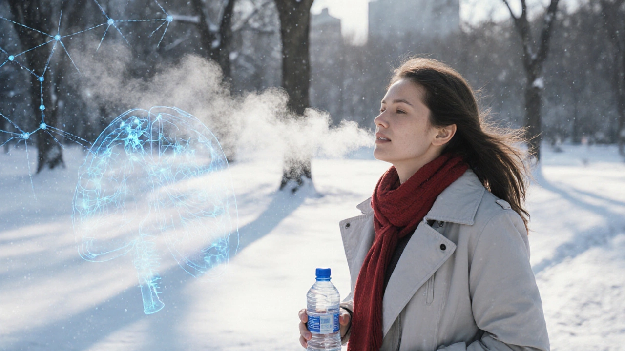 Женщина гуляет зимним утром в парке, её дыхание видно в холодном воздухе