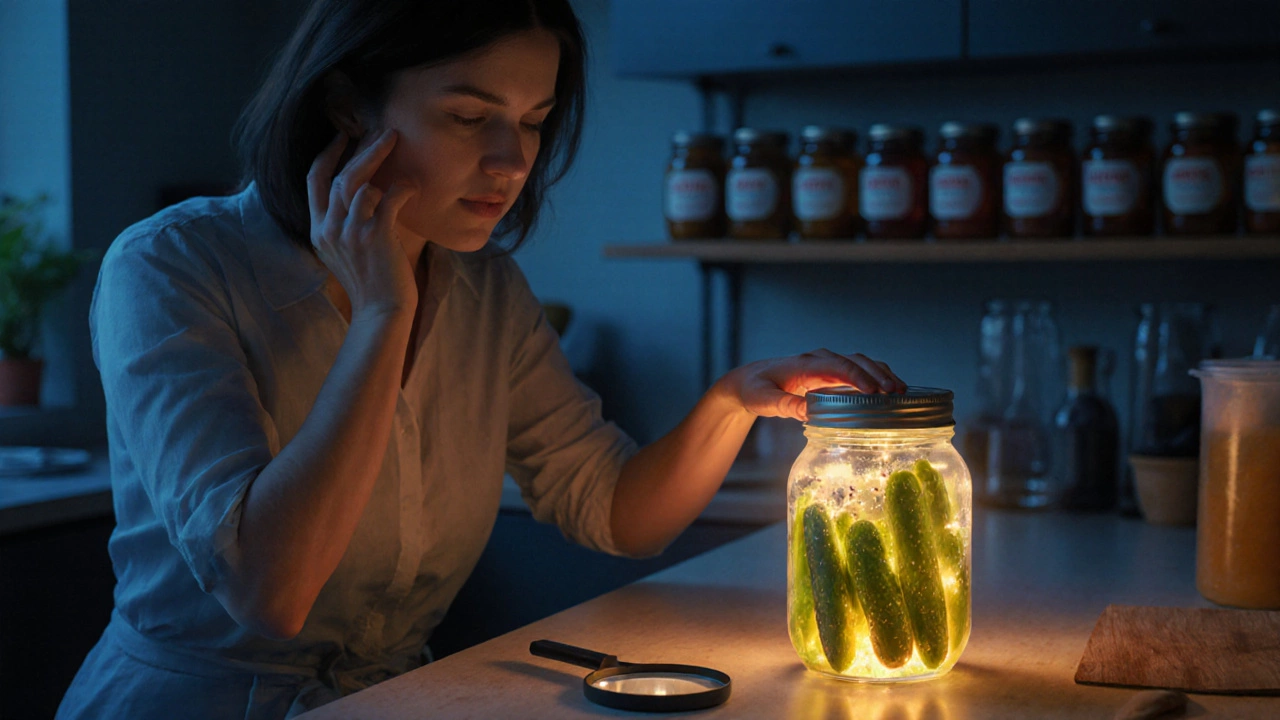 Женщина колеблется перед открытием старой банки огурцов, рядом лупа с видимыми бактериями.