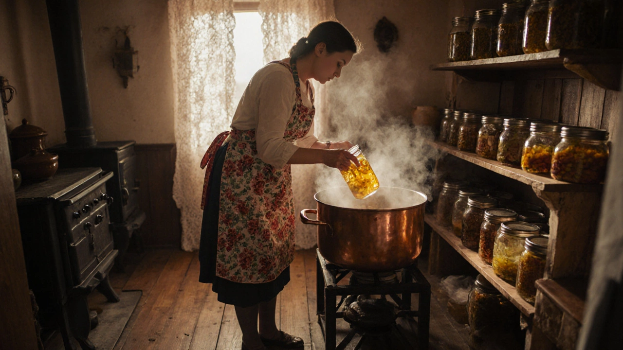 Женщина стерилизует банки в кипящей воде на кухне в русской деревне