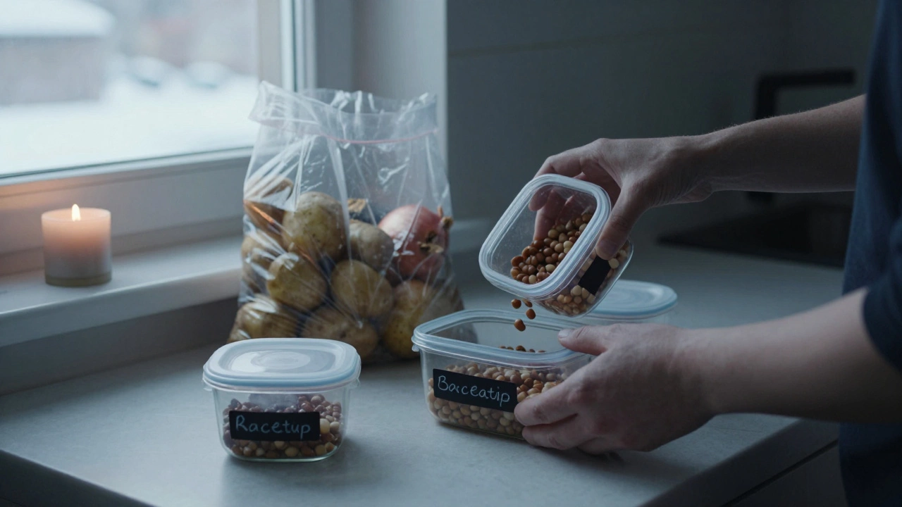 Человек разливает домашний суп по контейнерам, на заднем плане мешки картошки и лука.