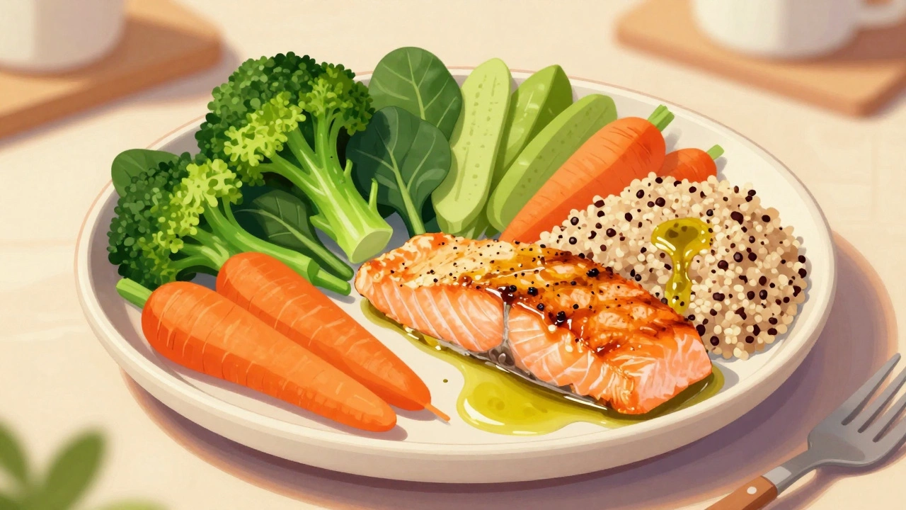 Цветная тарелка с овощами, лососем и киноа, оформленная как радуга.