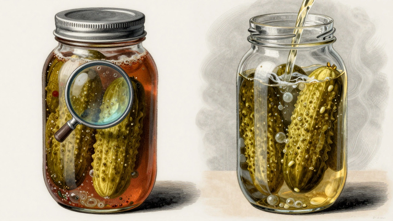 Две банки: одна с брожением огурцов, другая с маринованием горячим уксусом, контраст процессов.