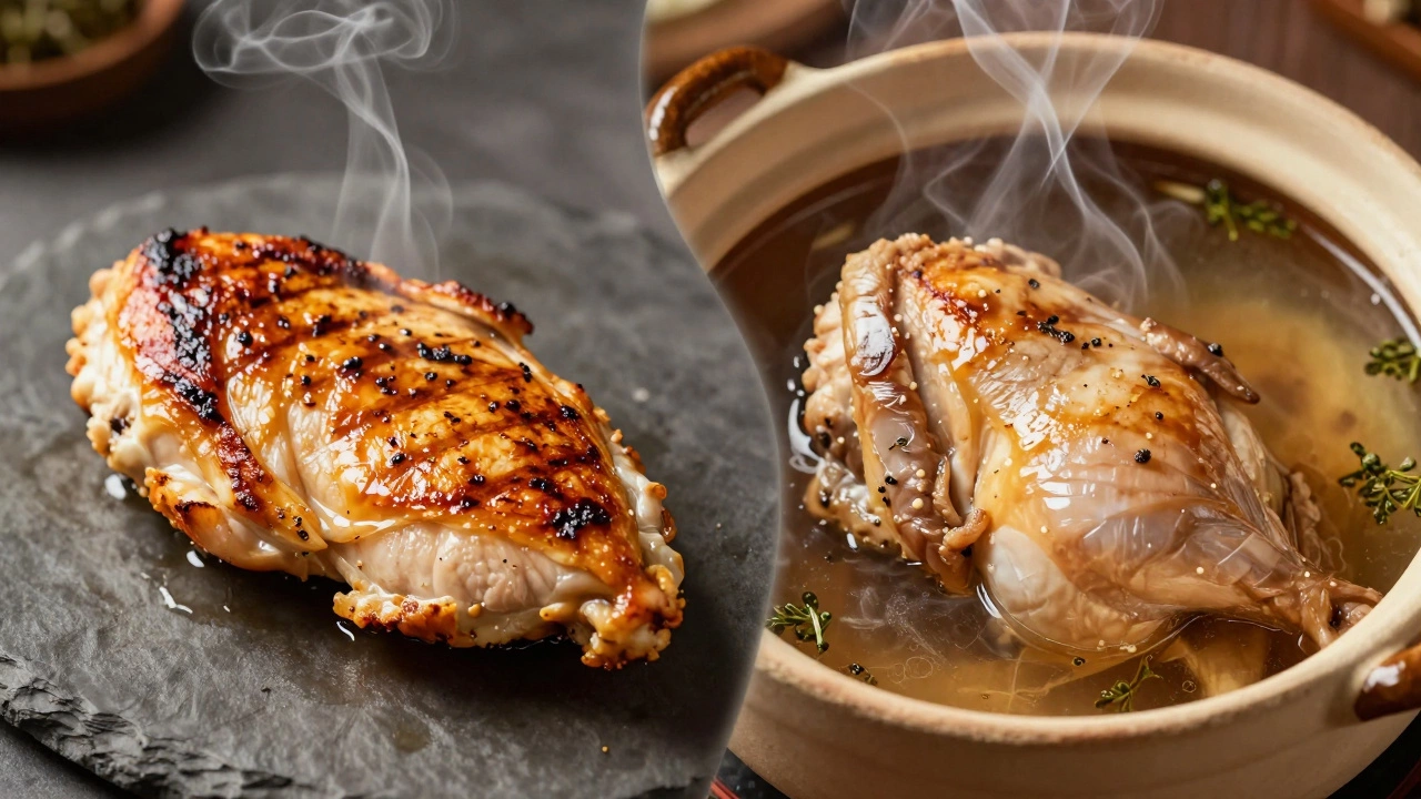 Двухстороннее сравнение: жареная и тушёная курица.