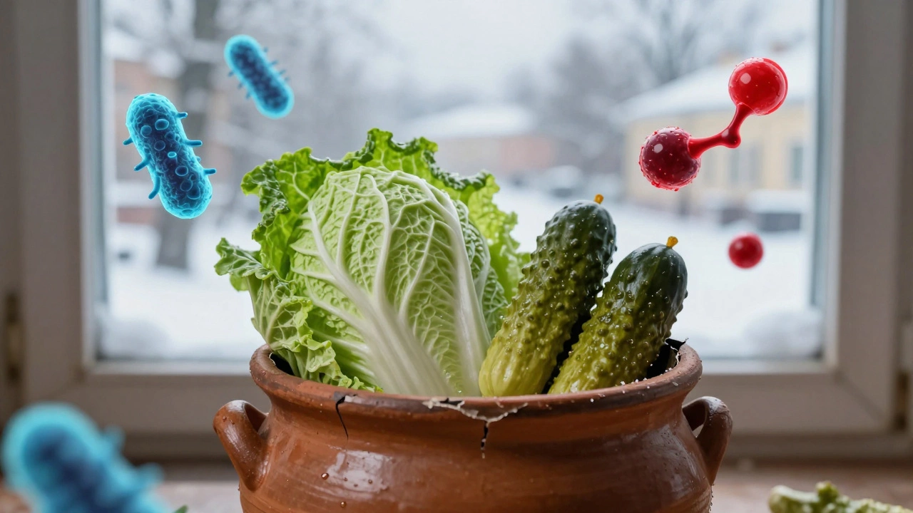 Глиняный горшок с овощами, окруженный микробами и молекулами кислот, на фоне зимнего Петербурга.