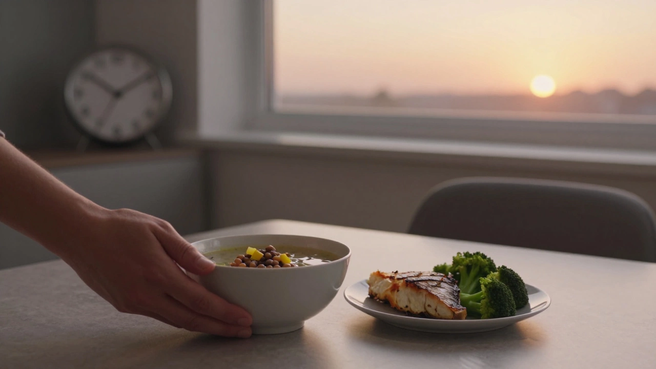 Лёгкий ужин из супа и рыбы на фоне заката, рядом пустой стул.