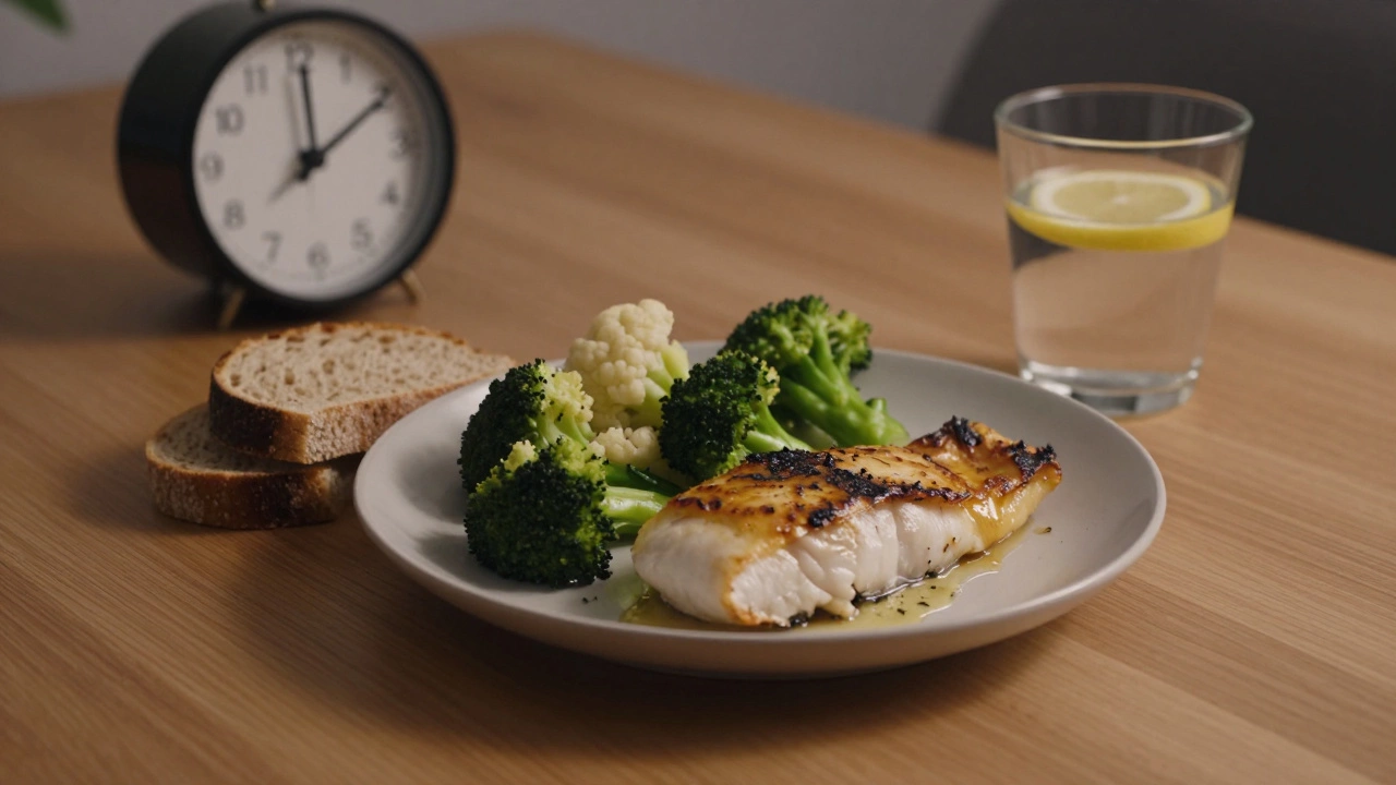 Лёгкий ужин из запечённой рыбы и овощей вечером, стакан воды с лимоном, тихая атмосфера.