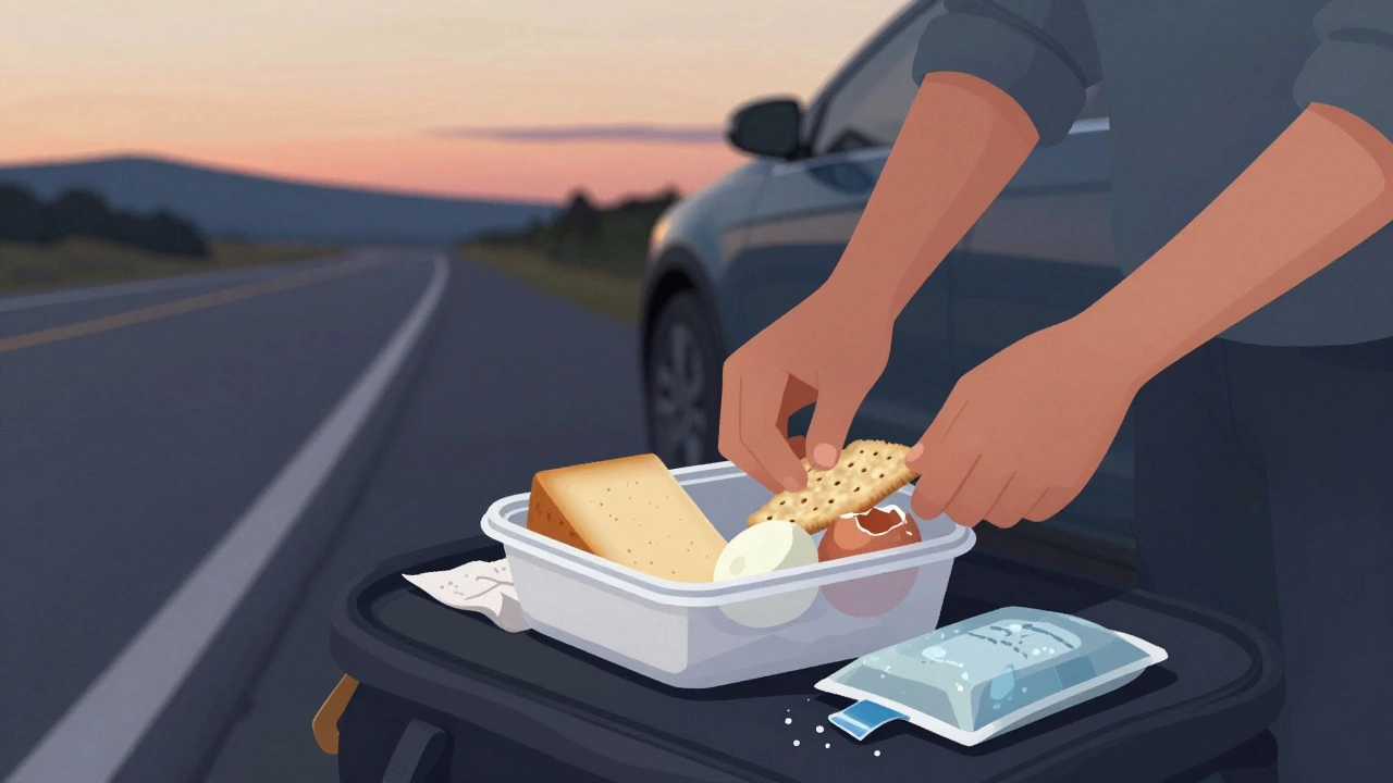 Путешественник ест простой перекус на обочине: сыр, хлебец и яйцо в скорлупе на бумажной салфетке при закате.