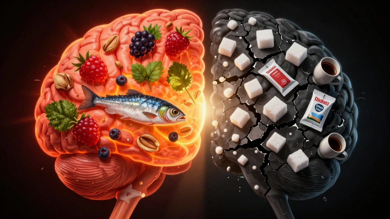 Разделенный мозг: одна половина — с полезной едой, другая — с сахаром и трансжиром, символизируя биохимию настроения.