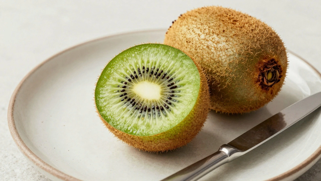 Разрезанный киви с зеленой мякотью и семенами на тарелке.