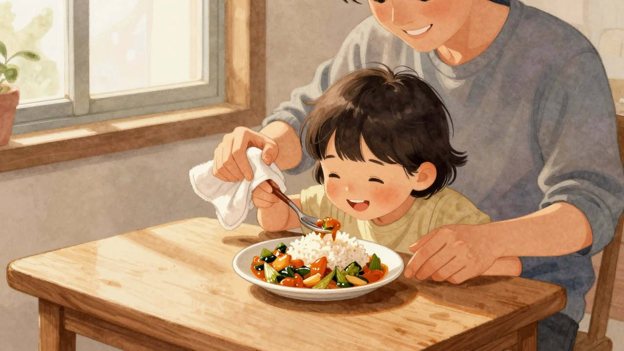 Ребёнок ест домашнюю рисовую кашу с овощами, родитель улыбается в фоне.