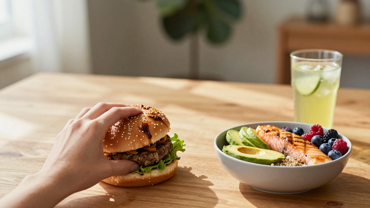 Рука заменяет бургер на полезную тарелку с овощами, рыбой и ягодами — переход к здоровому питанию.