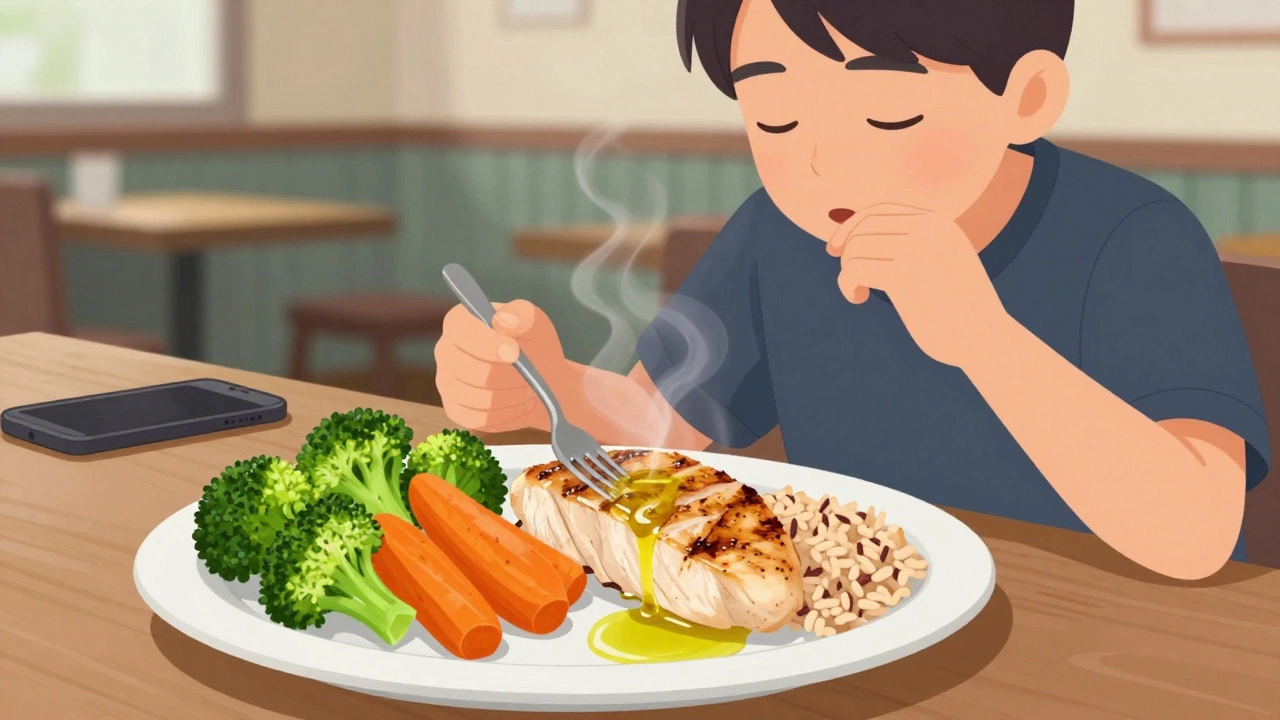 Сбалансированный обед с курицей, бурым рисом и брокколи, человек спокойно ест без телефона.