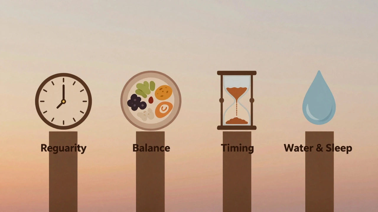 Символические столпы правильного питания: часы, тарелка с едой, песочные часы и капля воды на фоне заката.