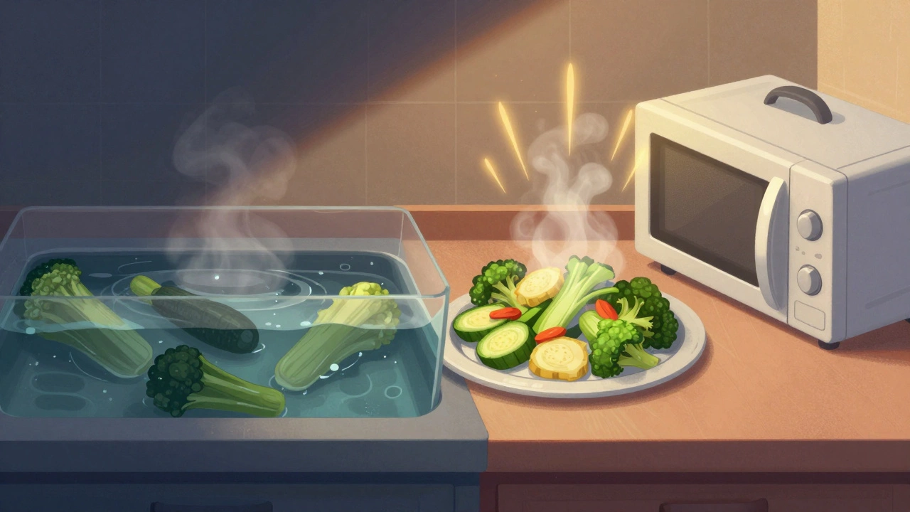 Сравнение: блеклые вареные овощи в воде и яркие приготовленные на пару овощи на доске.