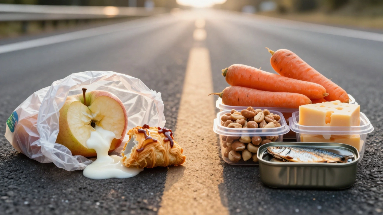 Сравнение испорченной еды и безопасных продуктов для дороги: слева — испорченные фрукты и йогурт, справа — орехи, сыр и консервы.