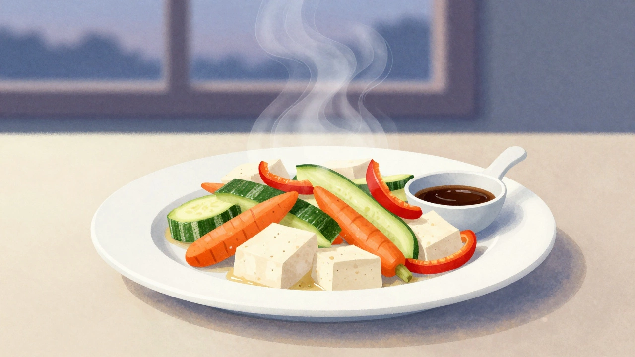 Тофу с овощами на пару в тихом вечернем освещении, деликатная подача.