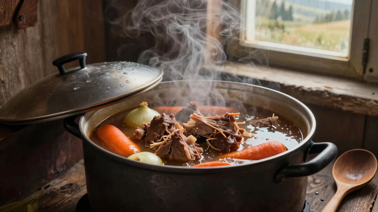 Тушёное говяжье рагу в котелке с паром и овощами.