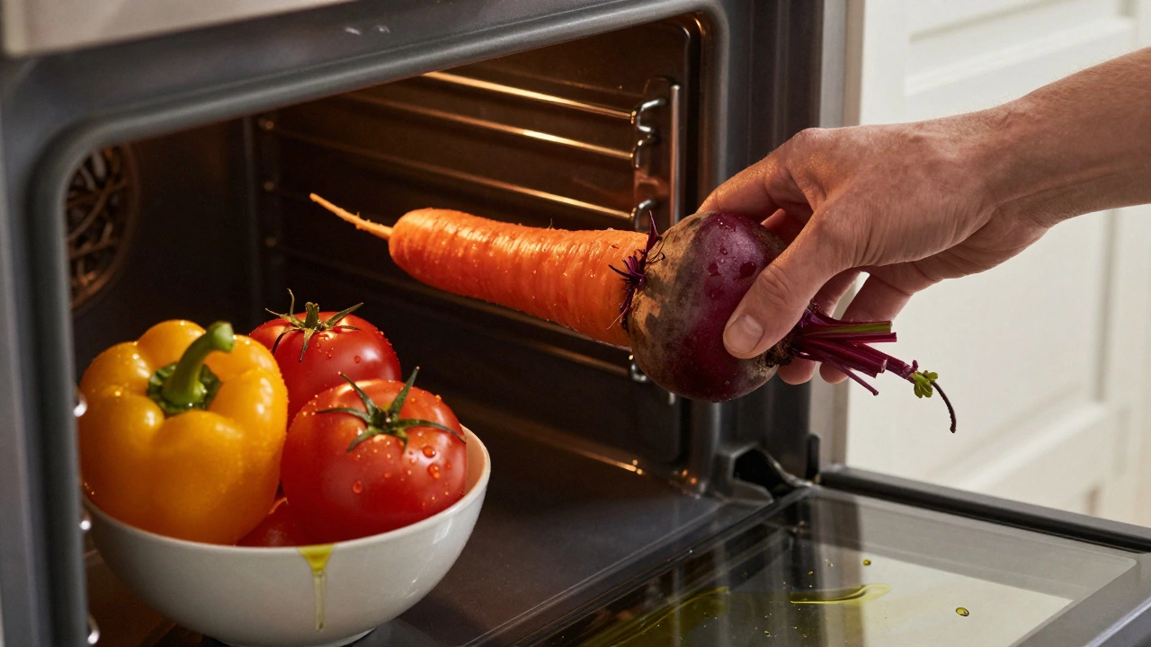 Запеченные свекла и морковь с кожурой рядом с сырыми помидорами и перцем на деревянной доске.