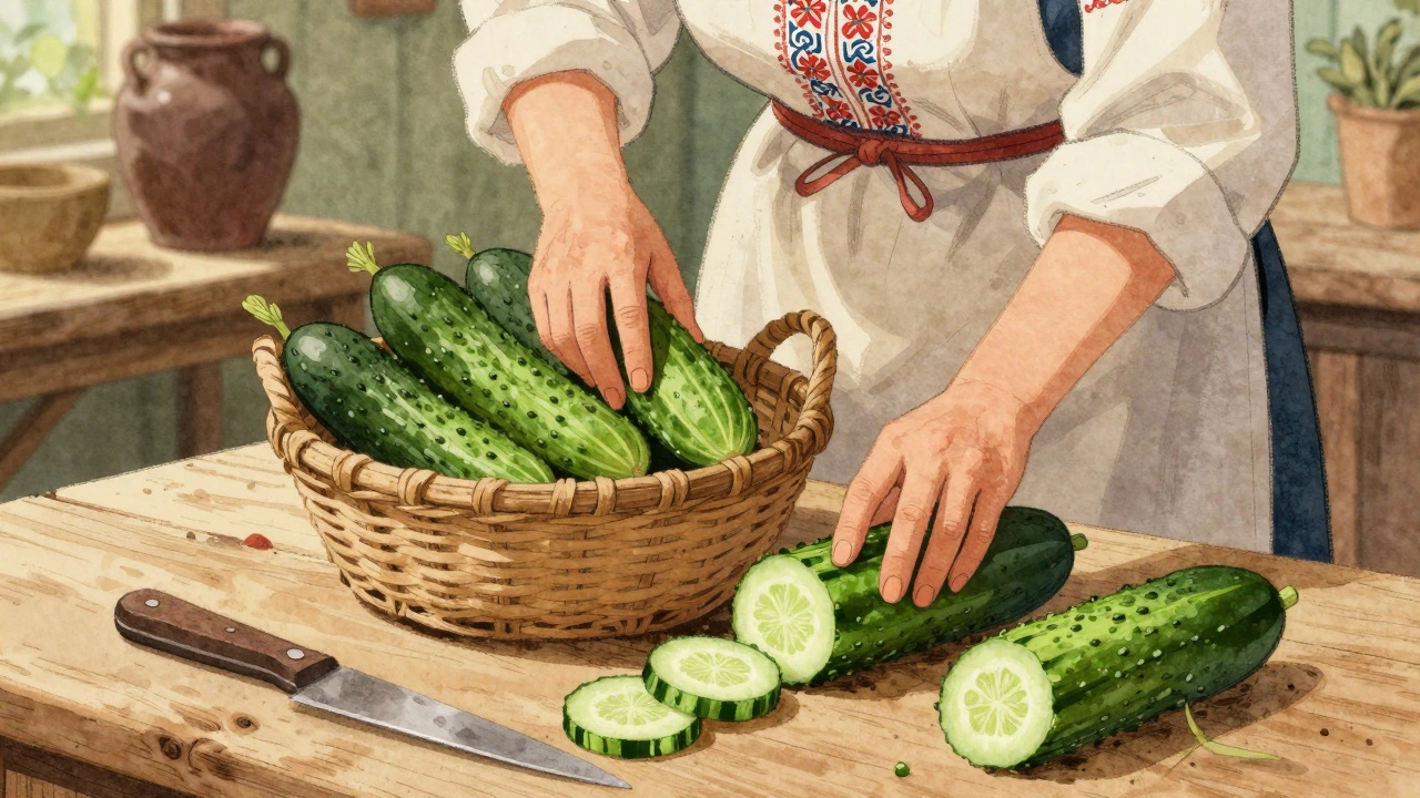 Женщина сортирует огурцы на деревянном столе, один из них разрезан — внутри плотная мякоть.